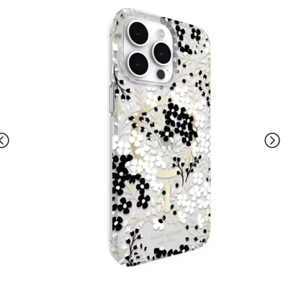 Kate Spade iPhone 15 Plus Protective Case MagSafe Black & White Floral Gems